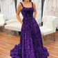 Straps Grape Square Neck Sequins Prom Dress with Pockets nv262