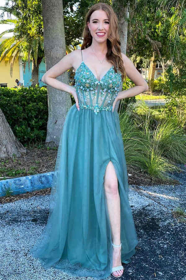 Pretty A-Line V-Neck Teal Beaded Long Prom Dress with Slit nv442