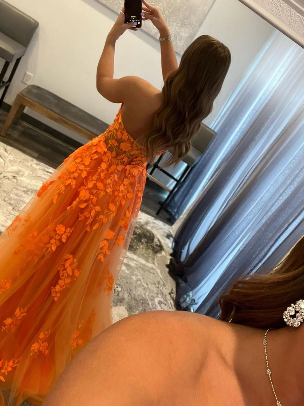 Orange sweetheart neck tulle lace long prom dress, orange formal graduation dress nv943