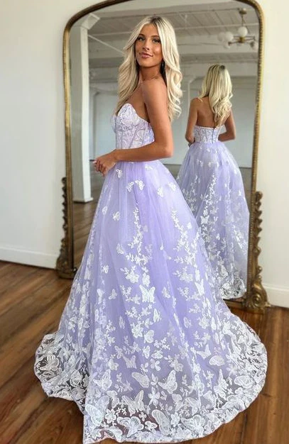 Lilac Strapless Lace Long Prom Dress nv1025