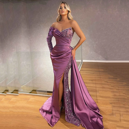 Sexy Ladies One Shoulder Sleeve Sequin Prom Evening Dress Mermaid Tail Side Slit Formal Party nv418