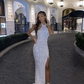Charming Sexy Mermaid Halter White Sequins Long Evening Dresses nv933