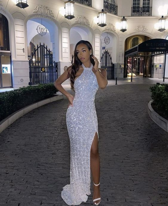 Charming Sexy Mermaid Halter White Sequins Long Evening Dresses nv933
