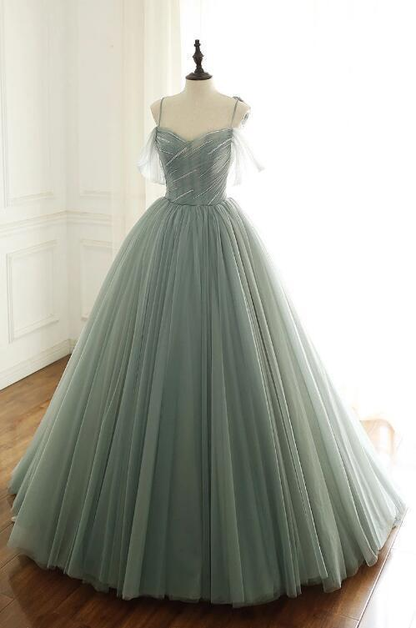 LIGHT GREEN TULLE LONG PROM DRESS, GREEN EVENING DRESS nv398