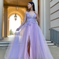 Lilac V-Neck Split Tulle Appliques Charming A-Line Prom Dresses nv440