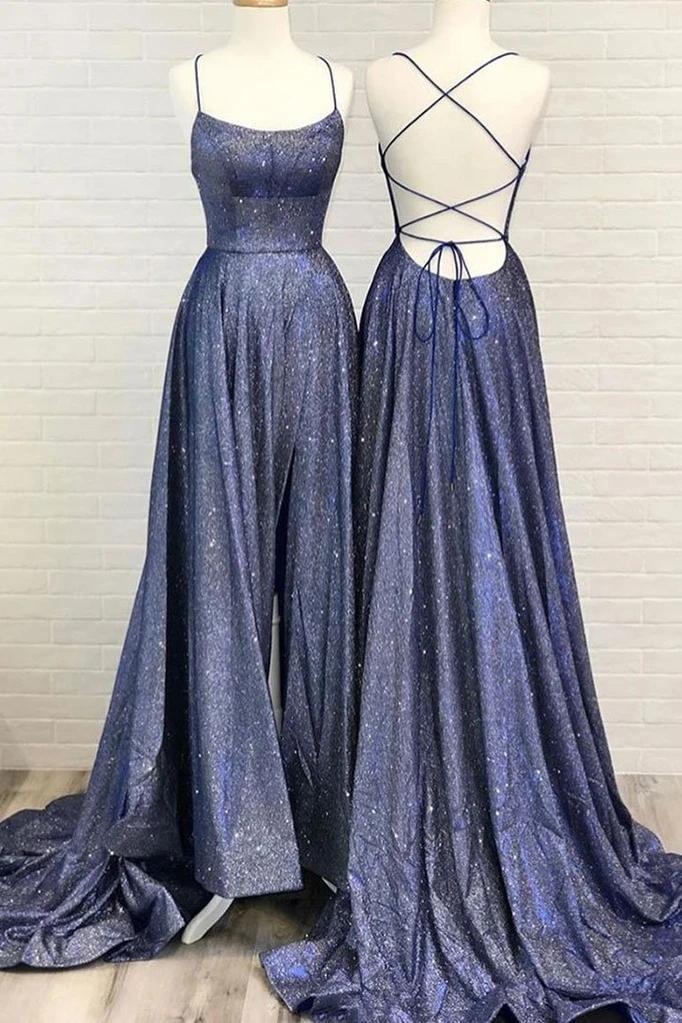 Simple Shiny Spaghetti Straps Prom Dresses A Line Long Train Evening Dress high school prom dress nv127