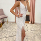 White Iridescent Sequin Tassel Backless Long Prom Dress with Slit nv984