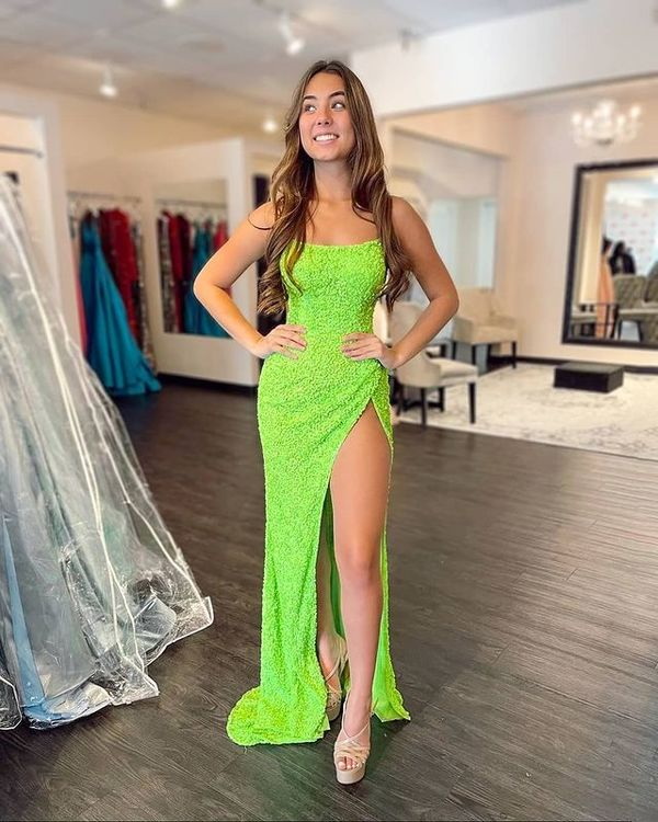 Sparkly Mermaid Scoop Neck Neon Green Prom Dresses with Slit  nv257