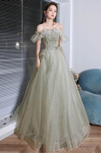 Green Tulle Beaded Long Prom Dress, A-Line Formal Evening Dress nv452