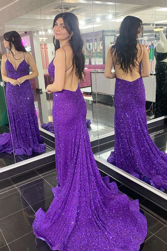 Purple V Neck Backless Sequins Long Prom Dresses, Open Back Purple Sequins Formal Evening Dresses nv1046
