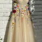 Champagne Tulle Tea Length Formal Dress with Flowers, Champagne Prom Dress nv525