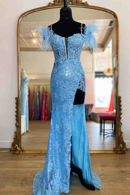 Light Blue Appliques Long Prom Dress with Detachable Feathered Shoulder nv469