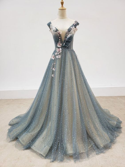 Lovely Flowers Beaded Light Green V-neckline Formal Dress, Tulle Evening Dress Prom Dress nv386