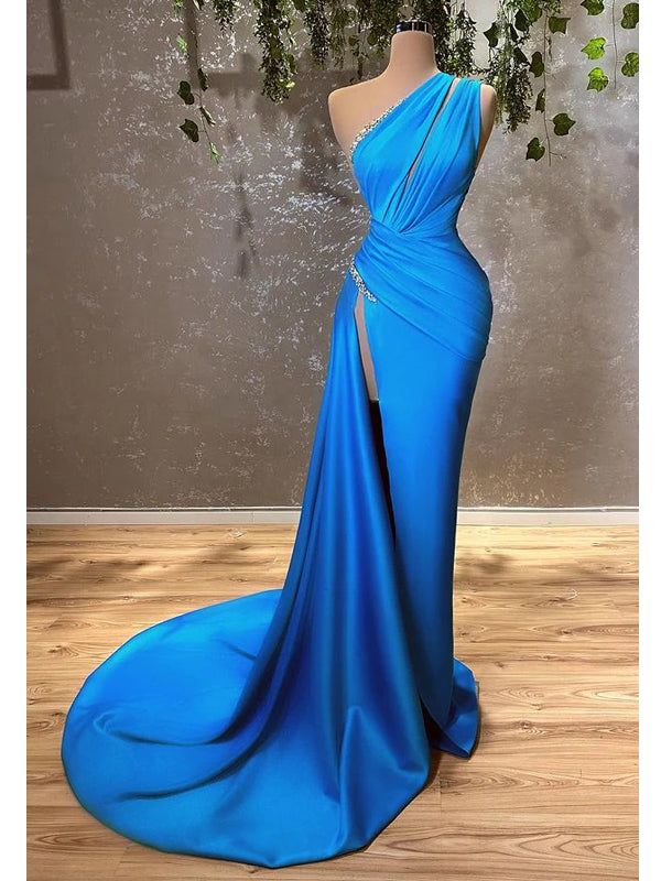 Sexy Blue Sheath One Shoulder High Slit Cheap Long Prom Dresses nv415