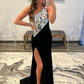 Black Rhinestone One Shoulder Split Floor-length Formal Prom Dresses nv475