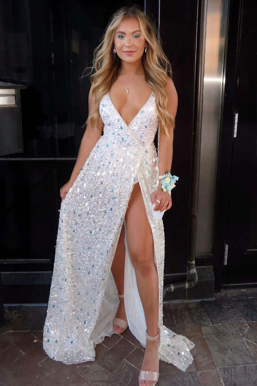 Sexy Deep V-Neck White Sequined Prom Gown nv228