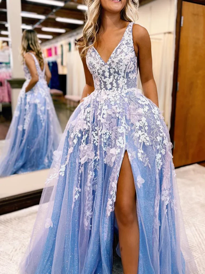 Shiny V Neck Blue Tulle White Lace Floral Long Prom Dresses with High Slit, Blue Formal Evening Dresses nv998