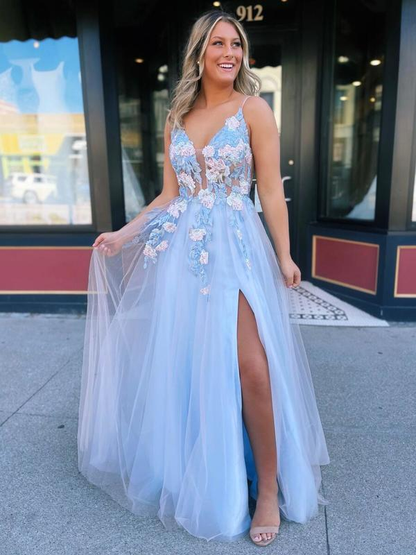 Sky Blue V-neck Tulle Long Prom Dress with Appliques,Popular Evening Dress,Fashion Embroidery Winter Formal Dress nv273