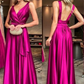 Elegant A-Line Satin Flush Evening Dress Fuchsia V Neck Open Back Evening Dress nv484