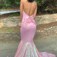 ALLURING HALTER APPLIQUE GLITTERING SEQUINS PROM DRESSES RUFFLES OPEN BACK CHIC MERMAID SLEEVELESS EVENING DRESSES  nv899