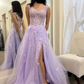 Elegant Appliques Lace A-Line Tulle Floor-length Prom Dress With Side Slit nv272