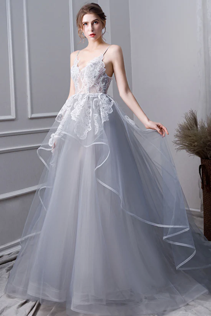 Gray tulle lace long prom dress, gray tulle lace evening dress nv436