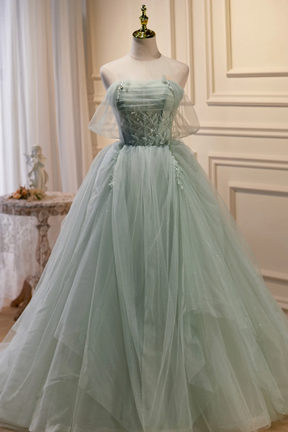 Green Tulle Beaded Ball Gown Off Shoulder Party Dress, Green Sweet 16 Dress nv548
