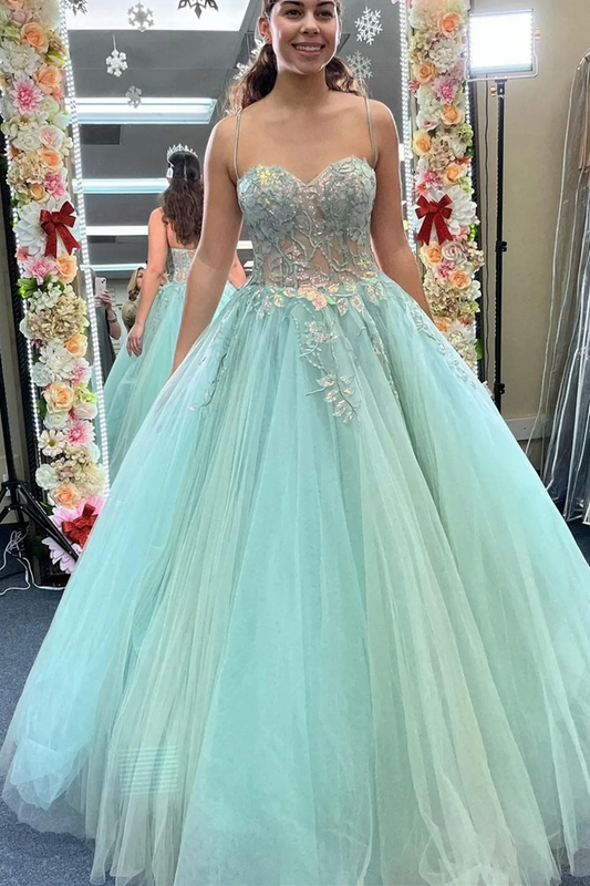 Robe de soirée longue en tulle vert menthe à col en cœur avec appliques en dentelle, robe de soirée formelle à fleurs en tulle vert menthe nv432