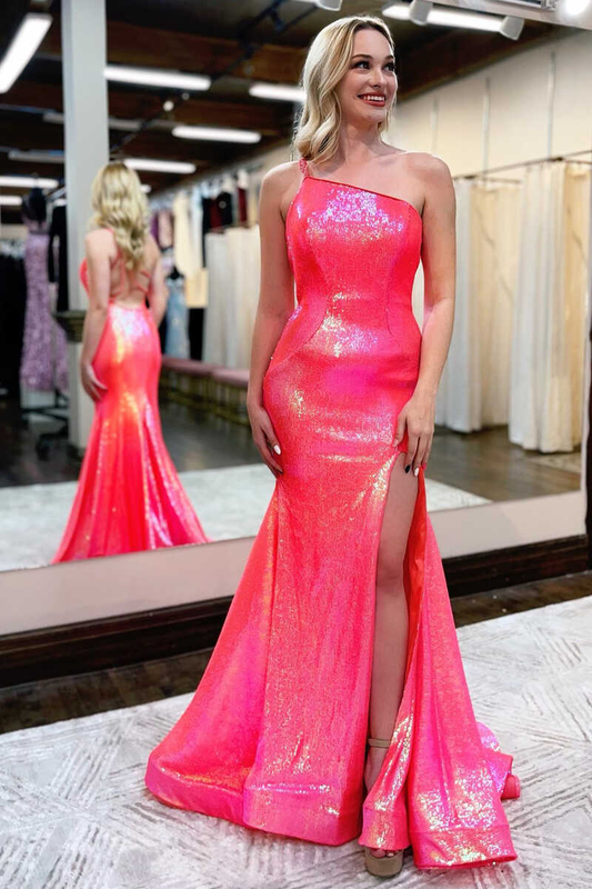 Shiny One-Shoulder Backless Mermaid Long Formal Dress with Slit nv468