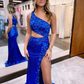 Cute Mermaid One Shoulder Royal Blue Sequins Prom Dresses with Appliques nv941