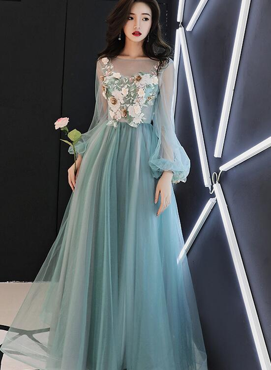 Light Green Tulle Long Party Dress With Flowers, Long Formal Dresses nv455