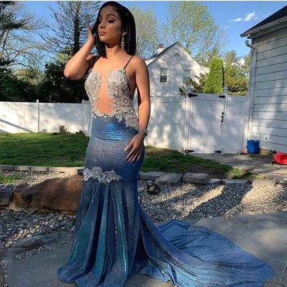 Shining Sequins V-neck Sleeveless Floor-length Mermaid Prom Dresses nv360
