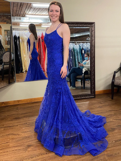 Mermaid Backless Blue Lace Long Prom Dresses, Mermaid Blue Formal Dresses, Blue Lace Evening Dresses nv1042