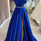 Blue satin long prom dress, blue long evening dress nv395