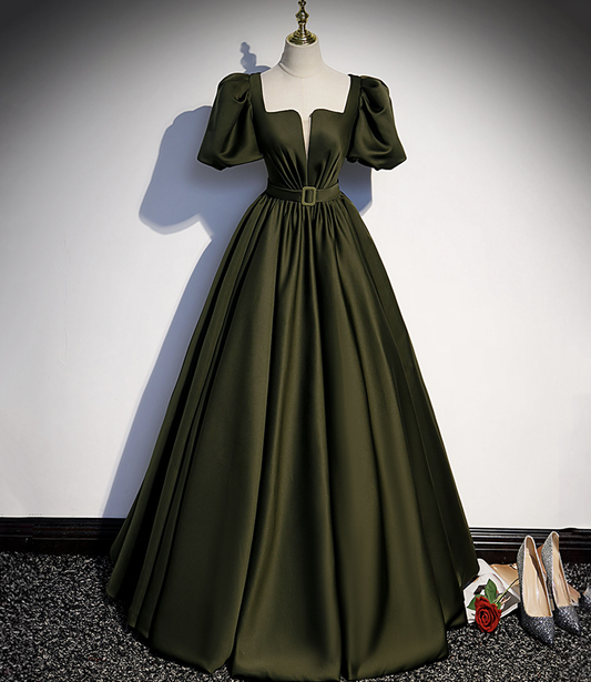 GREEN SATIN LONG PROM DRESS A LINE EVENING GOWN nv390