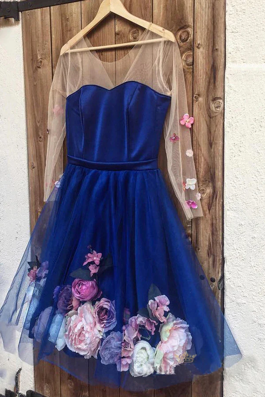 Unique Long Sleeve Blue Short Prom Dresses With 3D Appliques Homecoming Dresses  nv538