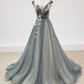 Lovely Flowers Beaded Light Green V-neckline Formal Dress, Tulle Evening Dress Prom Dress nv386