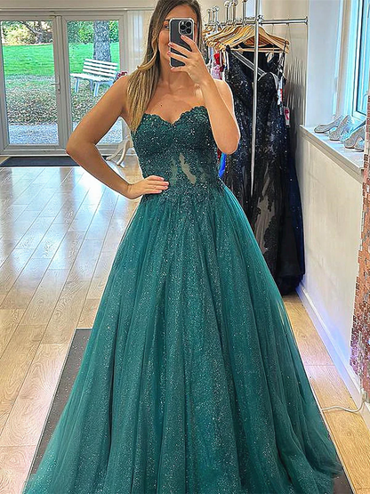 Strapless Pink Green Lace Long Prom Dresses, Strapless Green Pink Lace Formal Evening Dresses nv1048