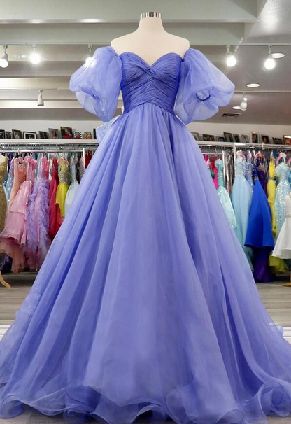 Off-Shoulder Puff Sleeves Pleated Long Prom Dress nv1026