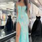 Light Blue Sequin Appliques Plunge Neck Long Prom Dress with Slit nv960