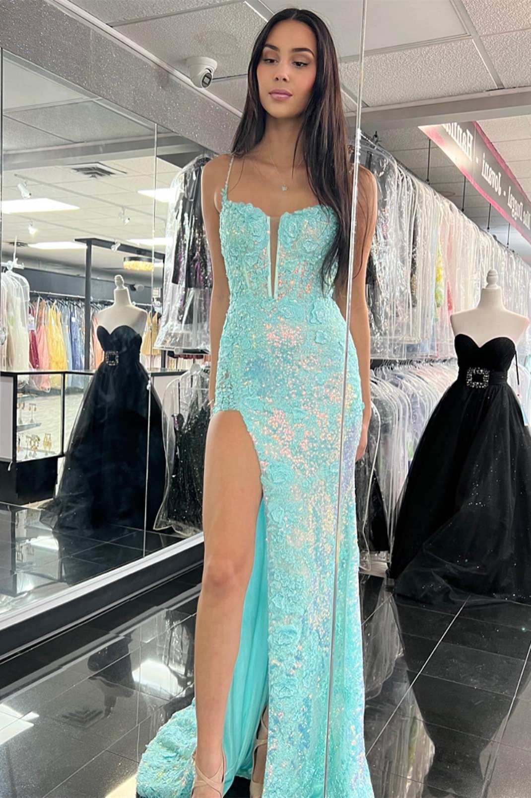 Light Blue Sequin Appliques Plunge Neck Long Prom Dress with Slit nv960