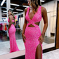 Charming Glitter Mermaid V Neck Hot Pink Sequins Prom Dresses with Slit nv940