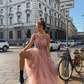 Pink V neck Beading A line Tulle Formal Party Gown Split Prom Evening Dresses nv260