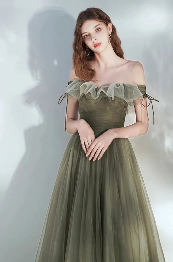 Off the Shoulder A Line Tulle Floor Length Green Elegant Fairy Dresses Prom Dresses nv437