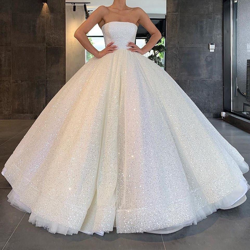 Glitter Strapless Ball Gown Wedding Dresses Sparkly Bridal Gown nv387