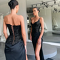 Unique Black Special Strapless High-split Lace-up Sequined Prom Dress nv149