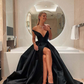 Elegant A-Line Off the Shoulder Black Long Prom Evening Dresses with Front Slit nv219