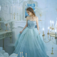 Light Blue Strapless Tulle Ball Gown Prom Dress With Ruffles, Evening Dress nv215