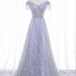 A-Line Tulle Sequins Long Prom Dress, Off the Shoulder Evening Party Dressnv817