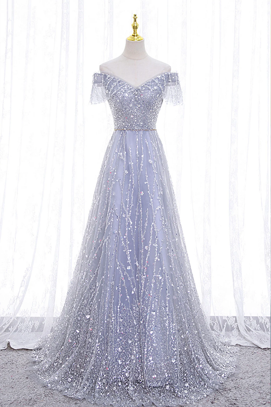 A-Line Tulle Sequins Long Prom Dress, Off the Shoulder Evening Party Dressnv817